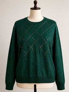 Alfani Emerald Green Metallic Beaded Sweater XL Glam Quiet Luxury Knit Sweater